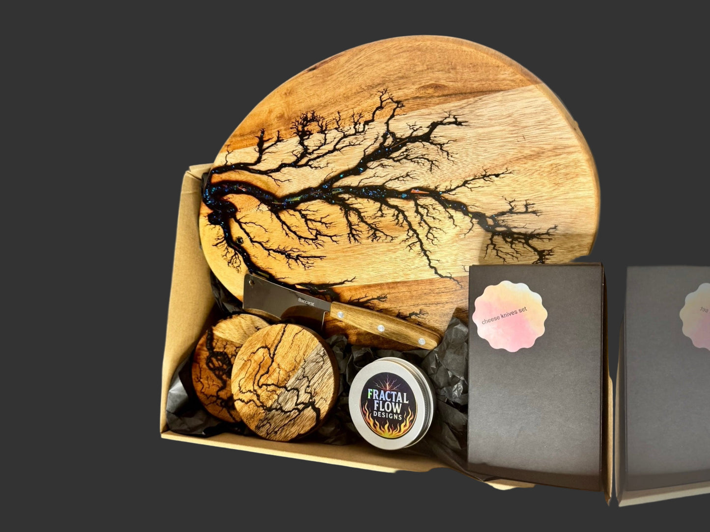 Fractal Flow Designs Cheese Lovers Gift Box with resin cheese board, food-safe care products, and premium packaging. Australian-made, gift-ready for weddings, special occasions, and gourmet cheese and wine nights.
