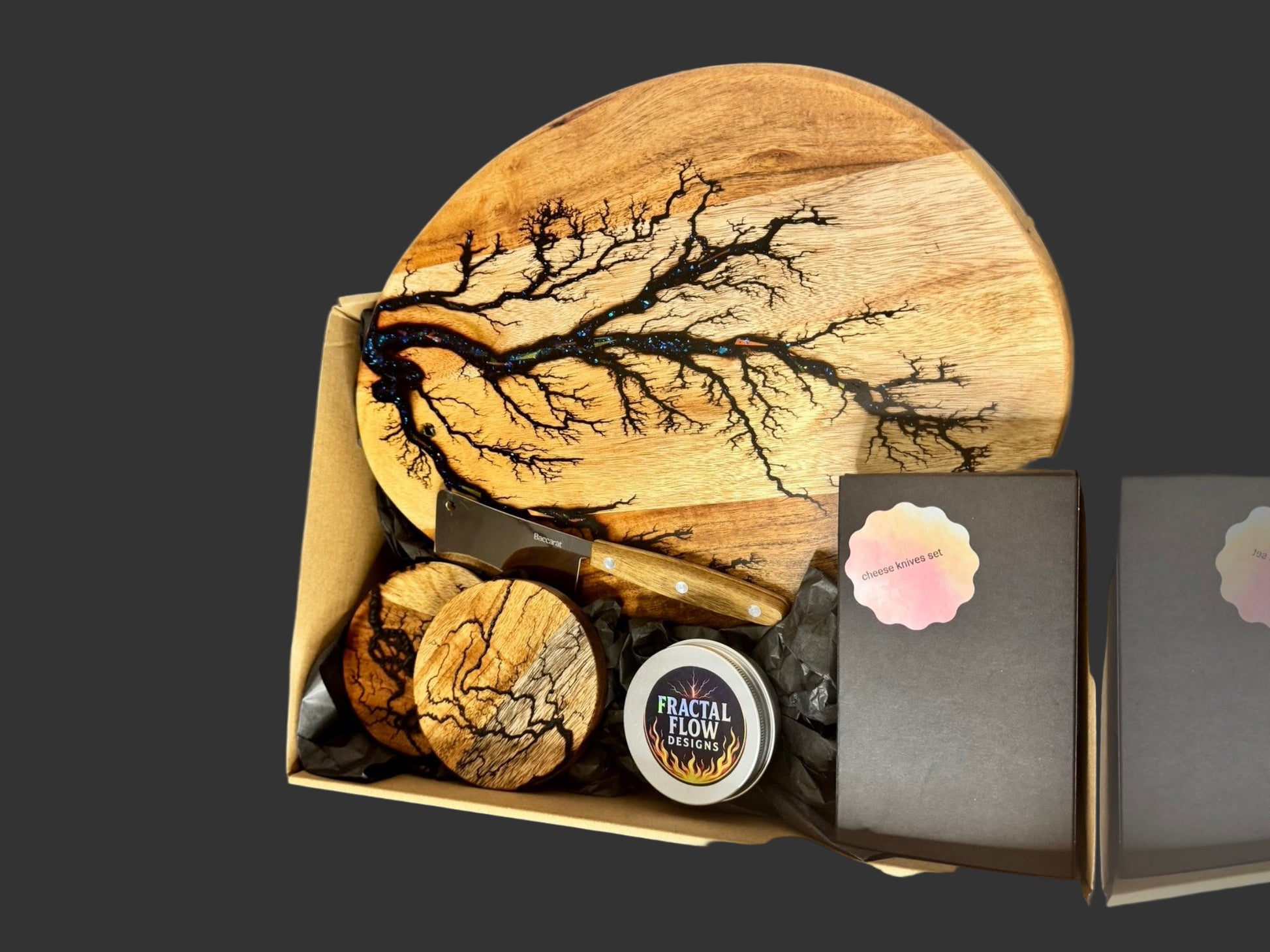 Fractal Flow Designs Cheese Lovers Gift Box with resin cheese board, food-safe care products, and premium packaging. Australian-made, gift-ready for weddings, special occasions, and gourmet cheese and wine nights.