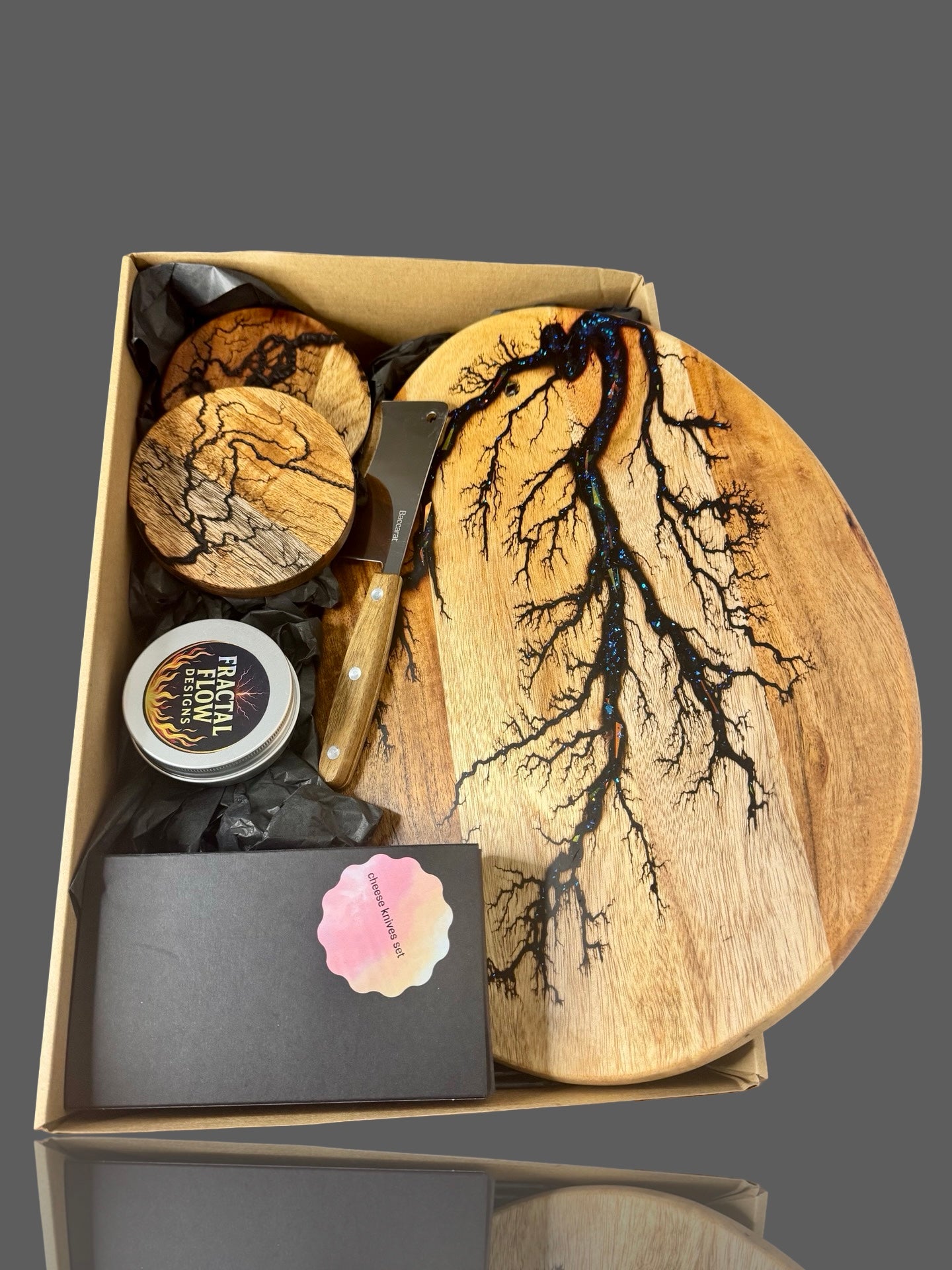 Fractal Flow Designs Cheese Lovers Gift Bundle – premium resin serving board with Australian hardwood timber, perfect for wine nights, housewarmings, and special gifts