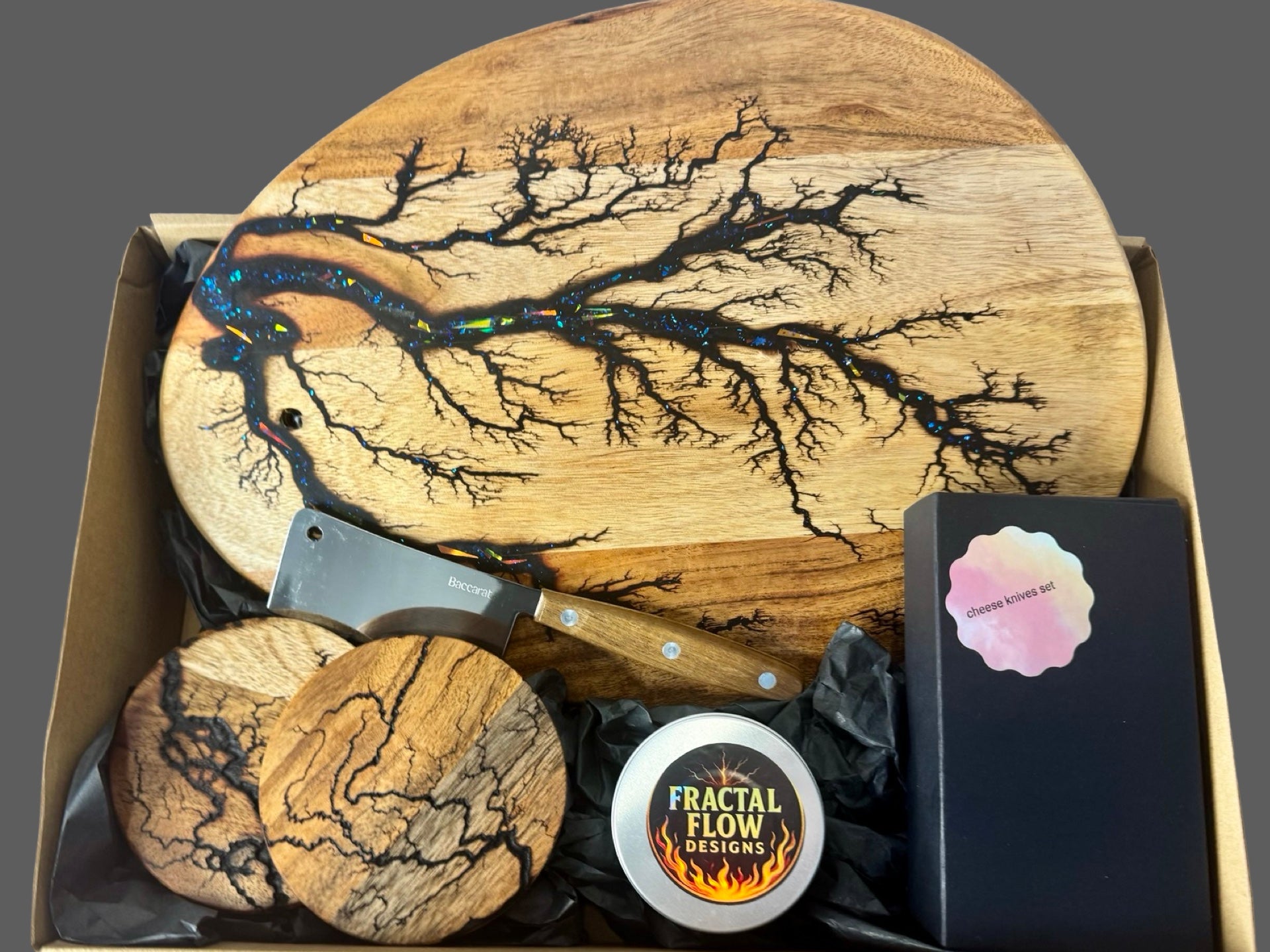 Cheese Lovers Gift Hamper – premium resin and timber cheese board by Fractal Flow Designs, handcrafted in Bairnsdale, Victoria, Australian-made artisan gift