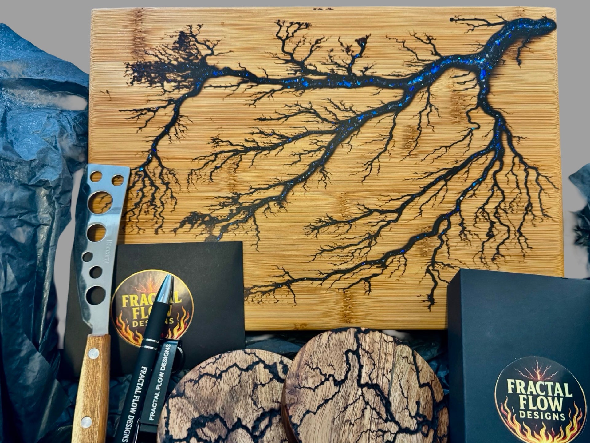 Fractal Flow Designs Cheese Lovers Gift Box with resin cheese board, food-safe care products, and premium packaging. Australian-made, gift-ready for weddings, special occasions, and gourmet cheese and wine nights.