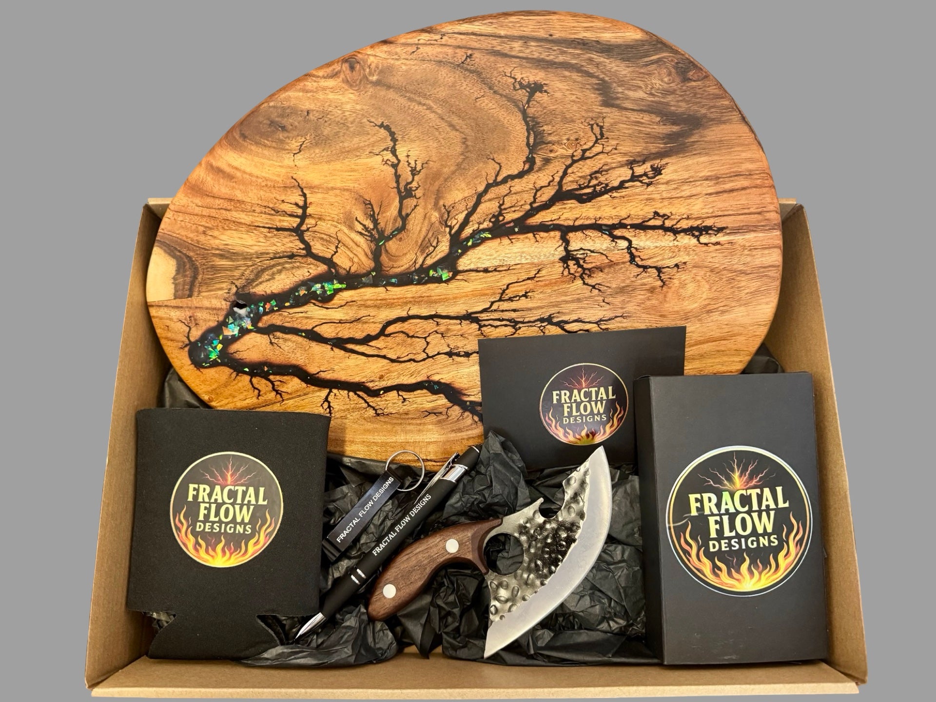 Fractal Flow Designs resin gift box showcasing handcrafted boards, fractal burning, and resin artistry. Packaged for weddings, housewarmings, and corporate gifting, Australian-made and shipped nationwide