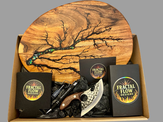 Premium resin gift hamper by Fractal Flow Designs featuring artisan timber boards and care accessories. Crafted in Bairnsdale, Victoria and designed for weddings, anniversaries, and luxury home gifts