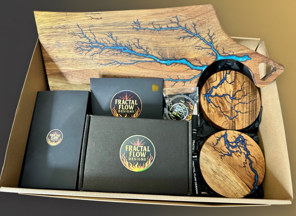 	Handcrafted resin cheese board with blue resin coasters gift box Australian made