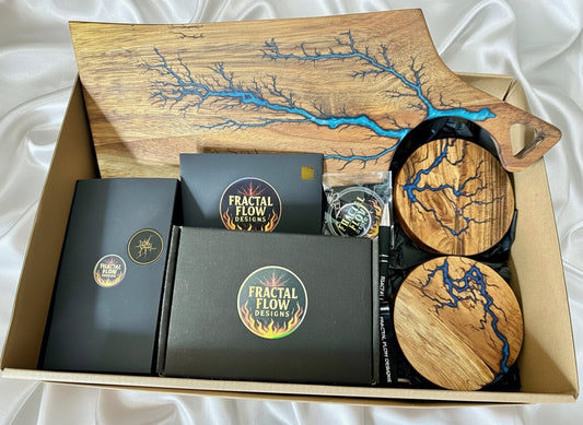 	Handcrafted resin cheese board with blue resin coasters gift box Australian made