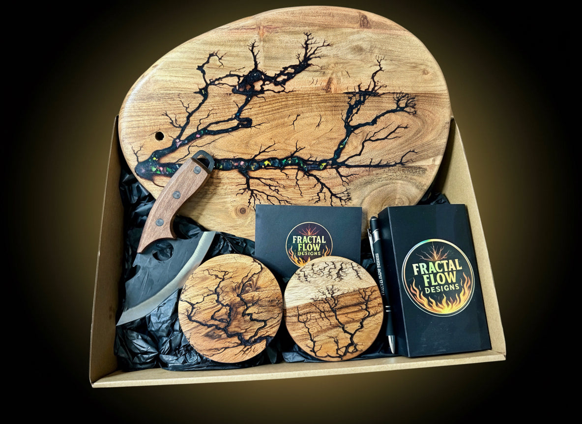 Resin cheese lovers box with fractal burnt design and handcrafted timber accessories