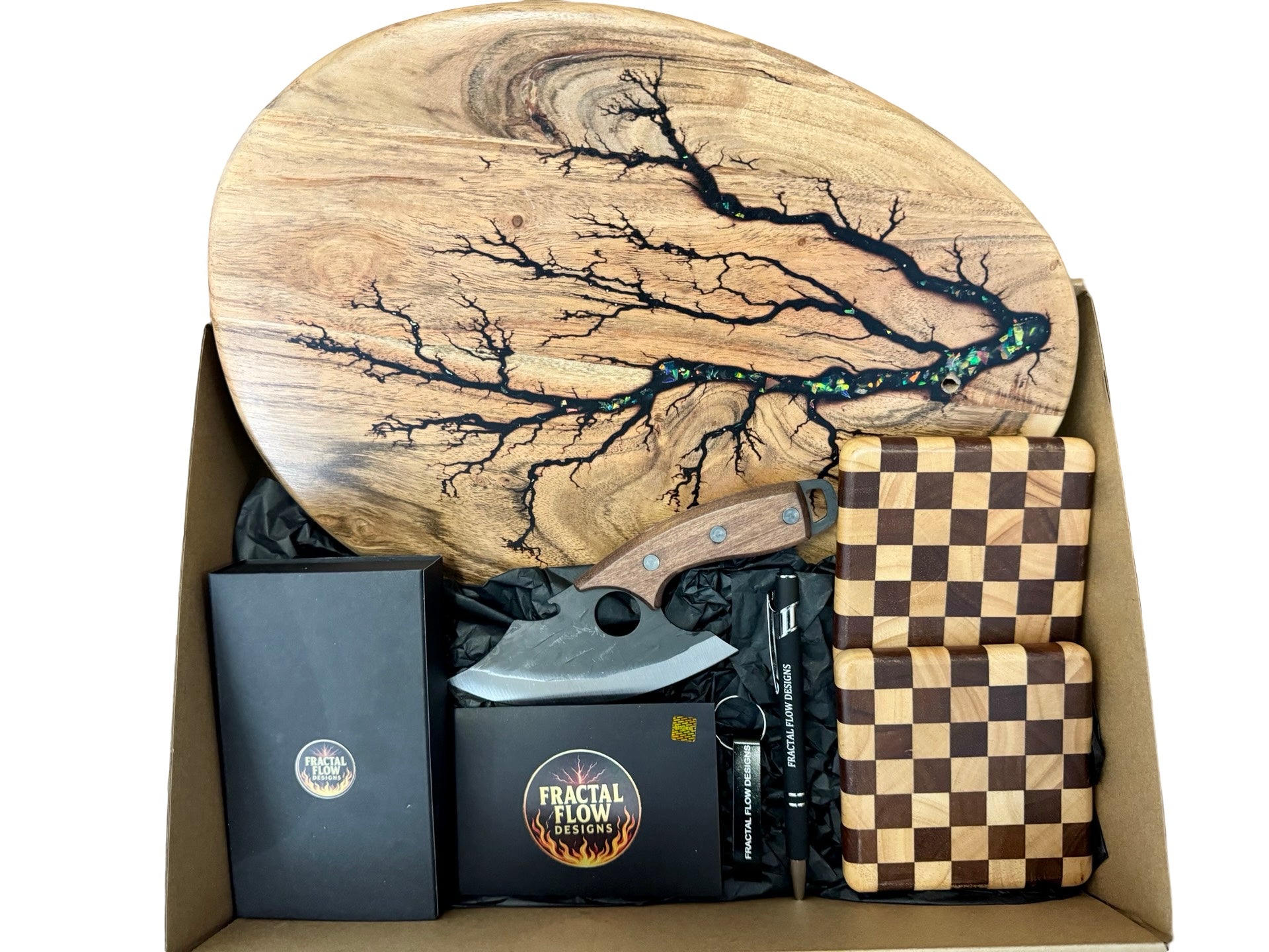 Cheese lovers gift box with fractal burnt resin board and accessories by Fractal Flow Designs East Gippsland