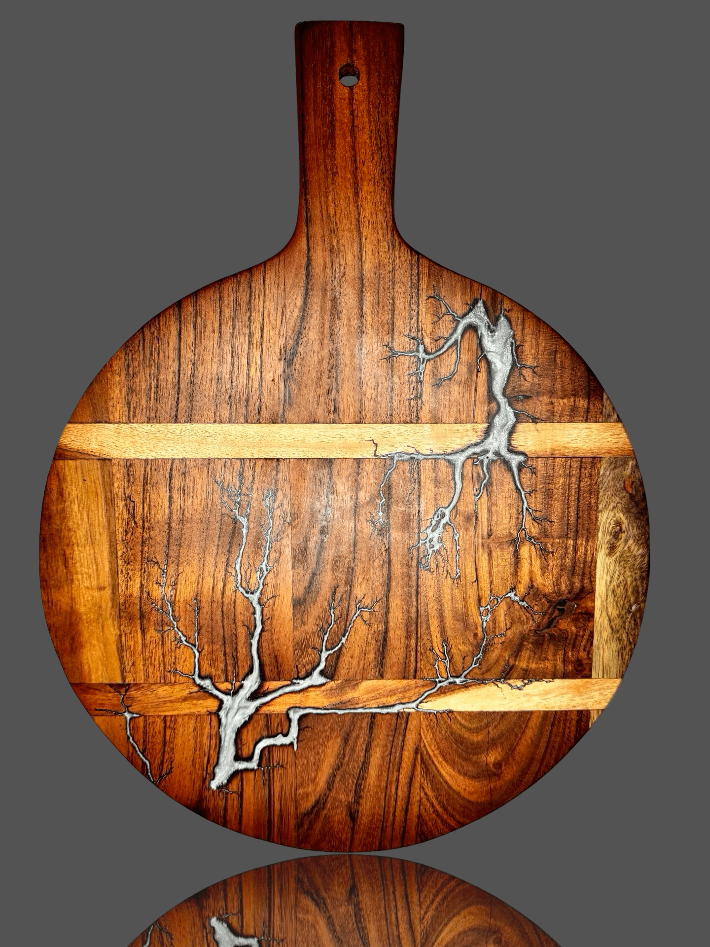 Resin cheese paddle board round – artisan timber serving platter handcrafted in Bairnsdale VIC by Fractal Flow Designs, premium Australian resin board for entertaining.