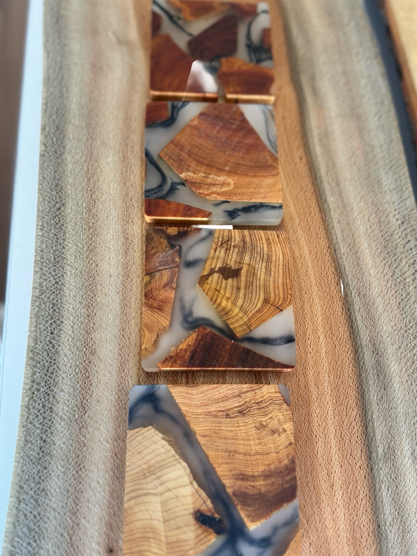 Set of Fractal Flow Designs Resin and Wood Coasters Set placed  out on a Timber Board - Artisan Design, Dirable drink protection, Ships Australia-Wide