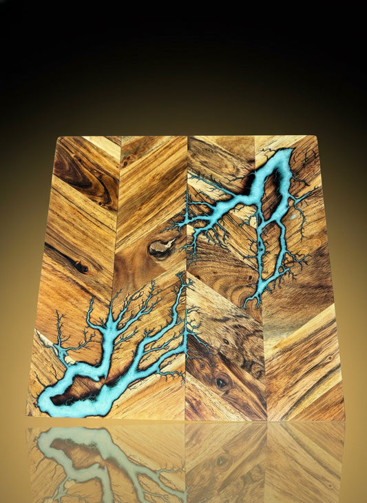 Premium Australian resin chopping board handcrafted by Fractal Flow Designs in Bairnsdale, Victoria — made from sustainable timber with teal coloured food-safe resin for everyday kitchen use
