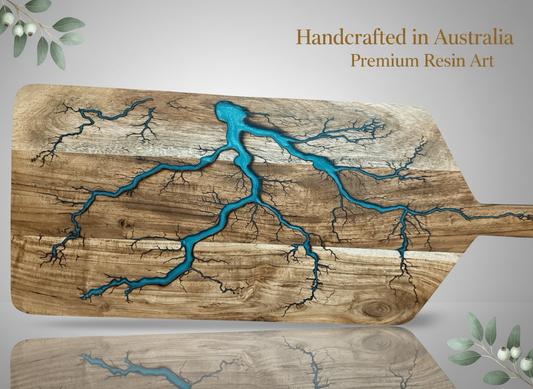 Handmade resin grazing paddle board – luxury Australian-made serving board crafted from sustainable hardwood timber in East Gippsland, featuring vibrant resin art and fractal burning details, ideal for weddings, birthdays, anniversaries, and gourmet entertaining.