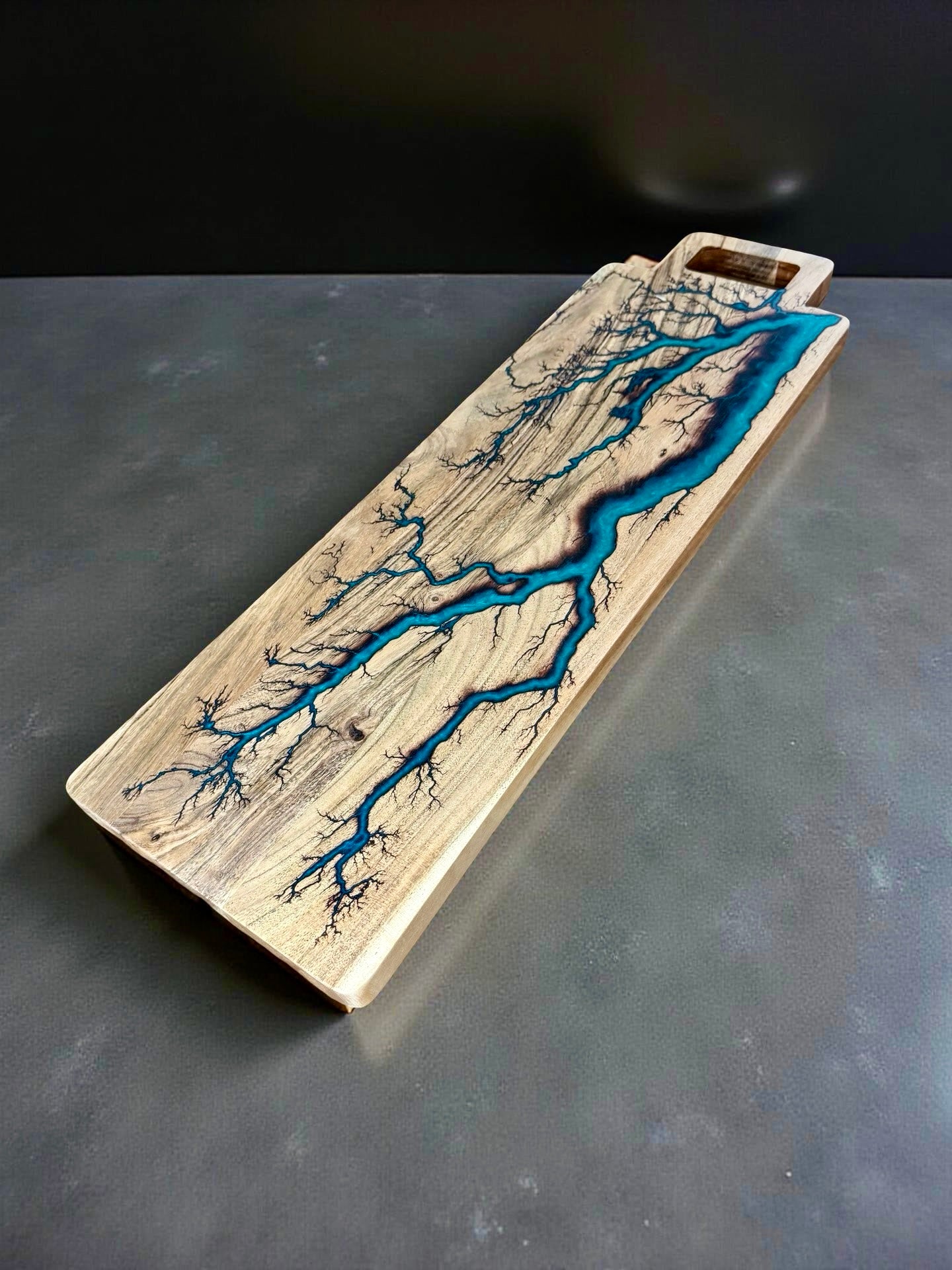 Handcrafted long charcuterie board with teal resin art Australian timber by Fractal Flow Designs premium grazing platter resin boards Australia East Gippsland