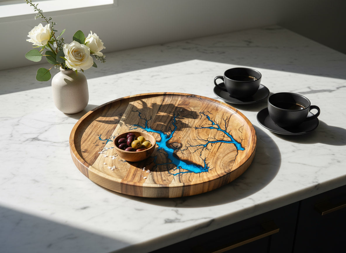 Resin entertaining tray handmade in Australia by Fractal Flow Designs — artisan-crafted resin board for serving cheese, meats, and desserts