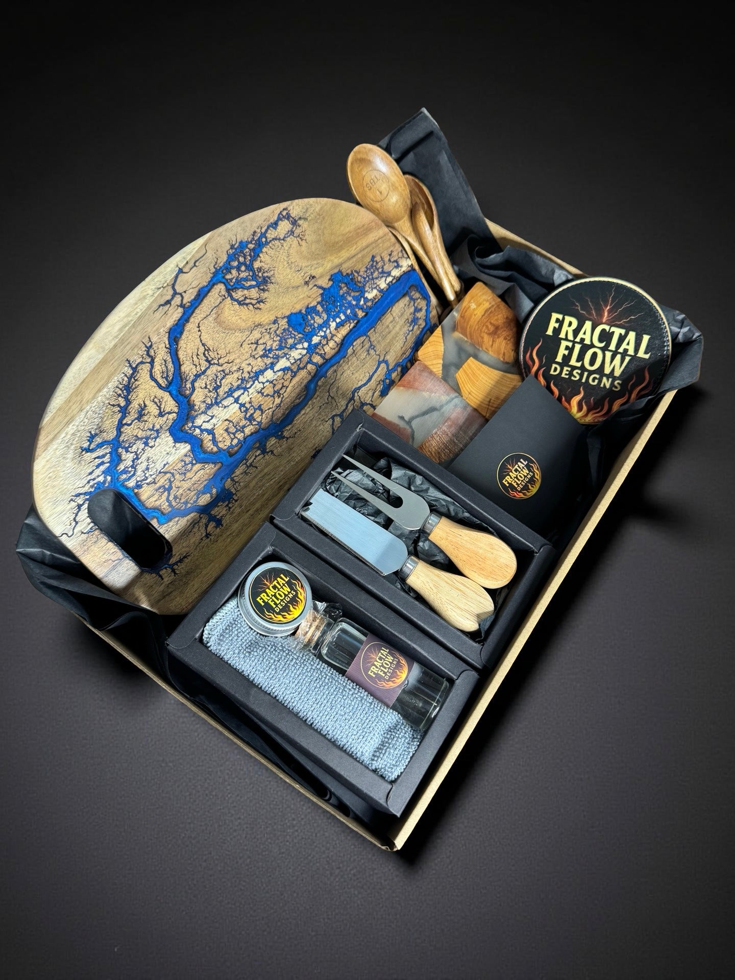 Premium gift box sapphire blue resin board set includes care kit resin and cypress coasters fractal flow items
