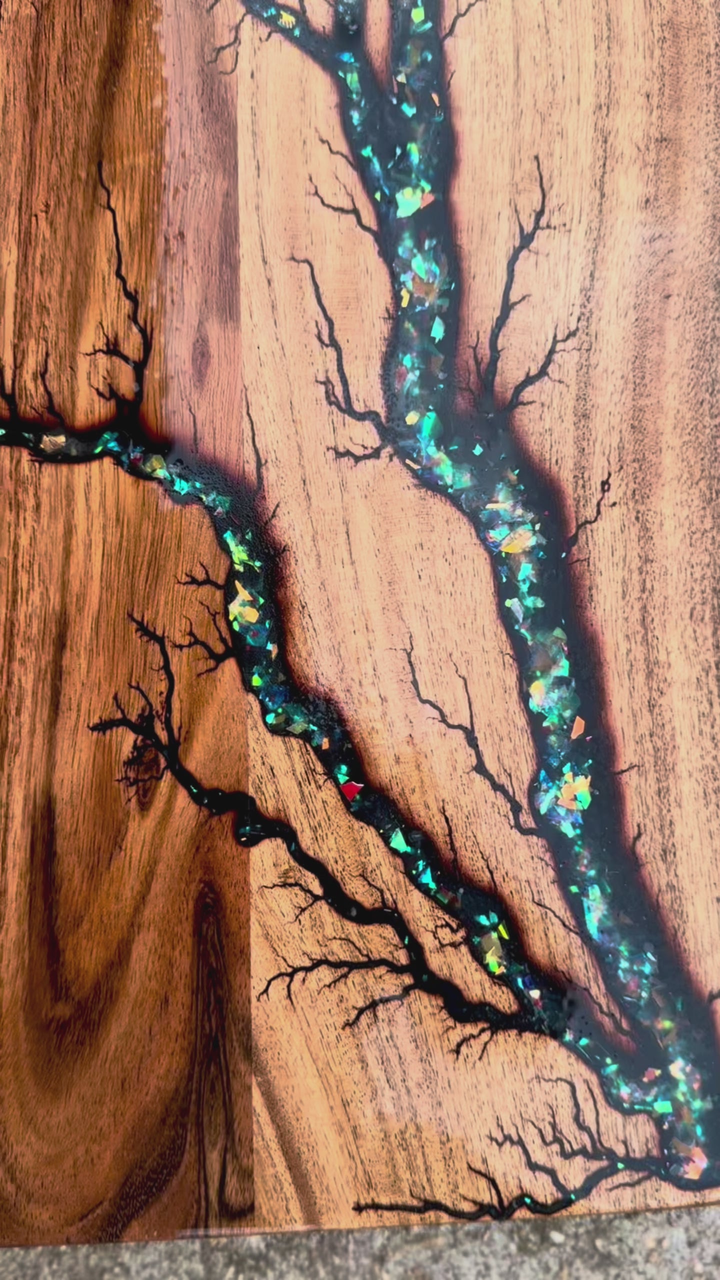 Load video: Magic Opal resin board video by Fractal Flow Designs – showcasing handcrafted Australian timber with opal-effect resin and fractal art. Luxury serving and charcuterie board, perfect gift for weddings, birthdays, and housewarmings, ships Australia-wide.
