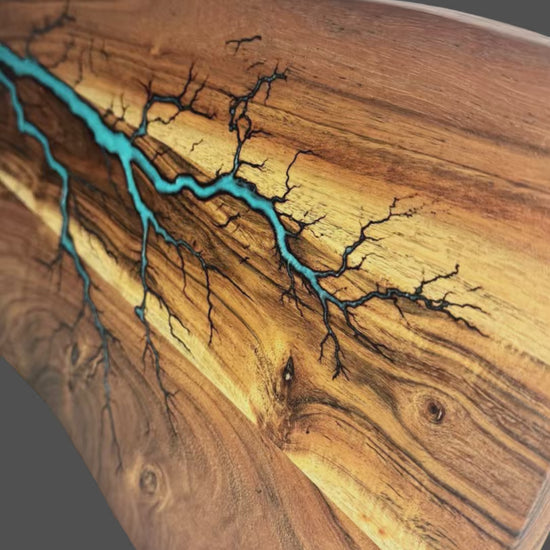 A fractal flow designs product video of a Large live edge grazing board – epoxy resin and wood fusion with bold fractal burn pattern, made in Victoria, Australia.