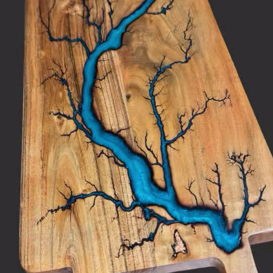 Handmade charcuterie board by Fractal Flow Designs – artisan Australian hardwood with resin inlays and bold fractal burning. Premium timber platter for cheese, grazing, and wine nights. Unique resin board crafted in Bairnsdale Victoria, ideal wedding and housewarming gift.