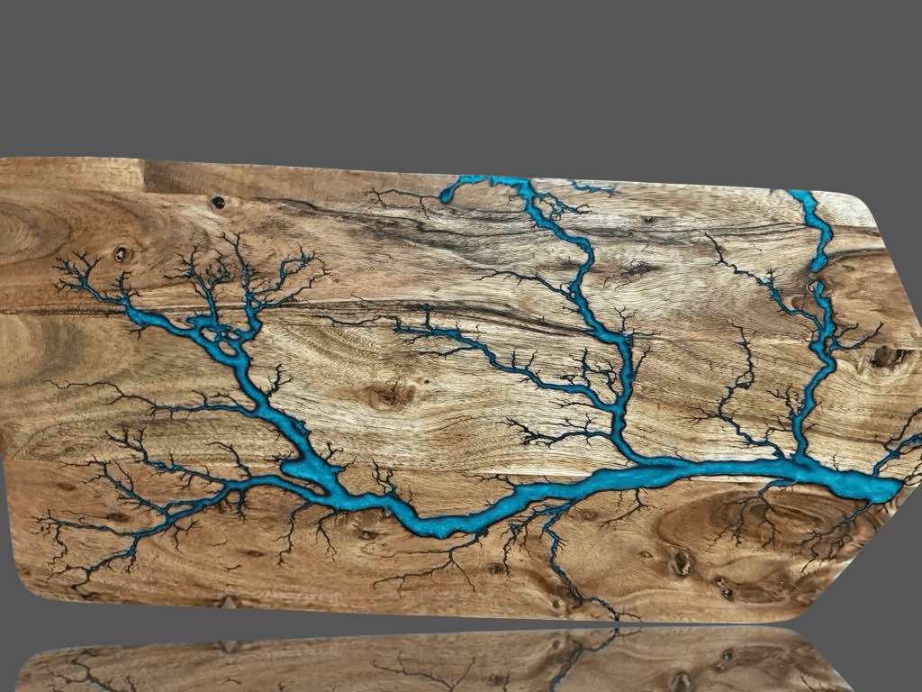 Large resin grazing paddle board with premium fractal burning and resin artistry. Australian resin boards handmade by Fractal Flow Designs in Bairnsdale for home decor 
