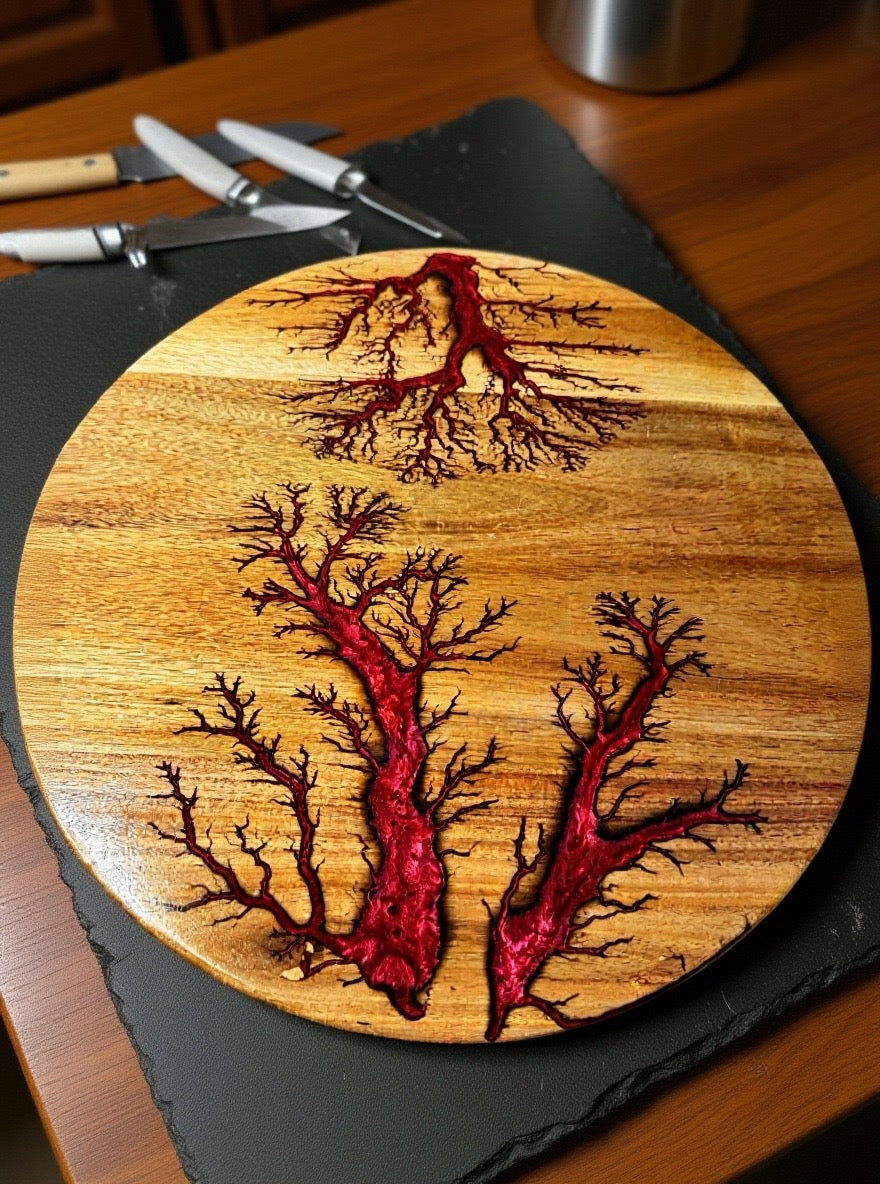Red resin Lazy Susan 400mm diameter used as centrepiece on dining table in dark lit room, handcrafted Australian timber, premium resin art by Fractal Flow Designs, Australian made, in East Gippsland