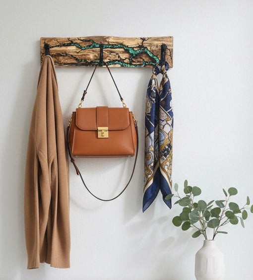 Premium resin and timber coat rack featuring fractal burning patterns artisan made in East Gippsland by Fractal Flow Designs for luxury entryways