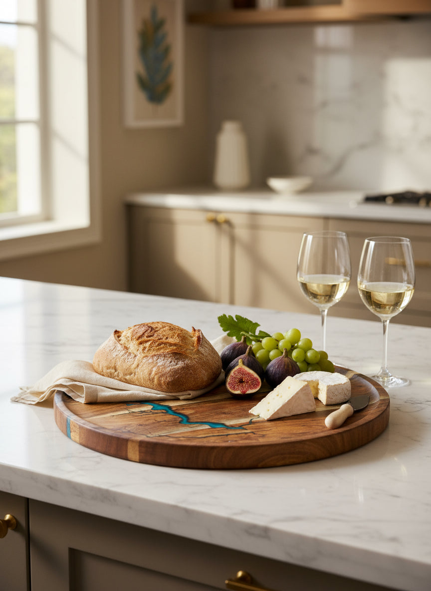 Resin and wood serving tray by Fractal Flow Designs, East Gippsland — handmade Australian resin board ideal for charcuterie and gifting.