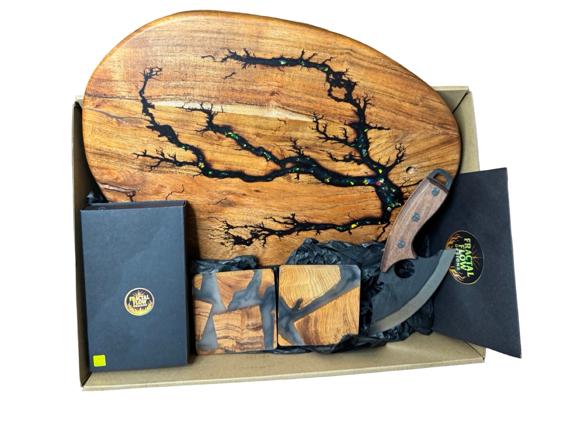 Australian resin cheese gift box by Fractal Flow Designs featuring blue resin art board