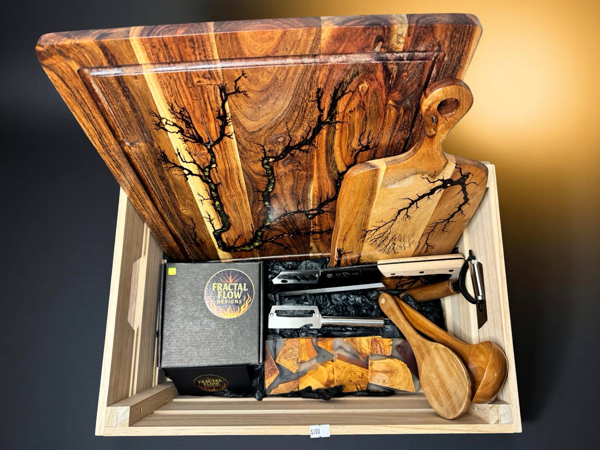 Resin timber gift box with cheese knife set Australian made