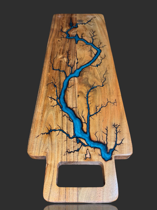 Luxury resin charcuterie board by Fractal Flow Designs – handcrafted Australian hardwood with fractal burning. Premium timber serving platter for cheese, grazing, and charcuterie. Made in Bairnsdale Victoria, ideal artisan gift for weddings and birthdays.