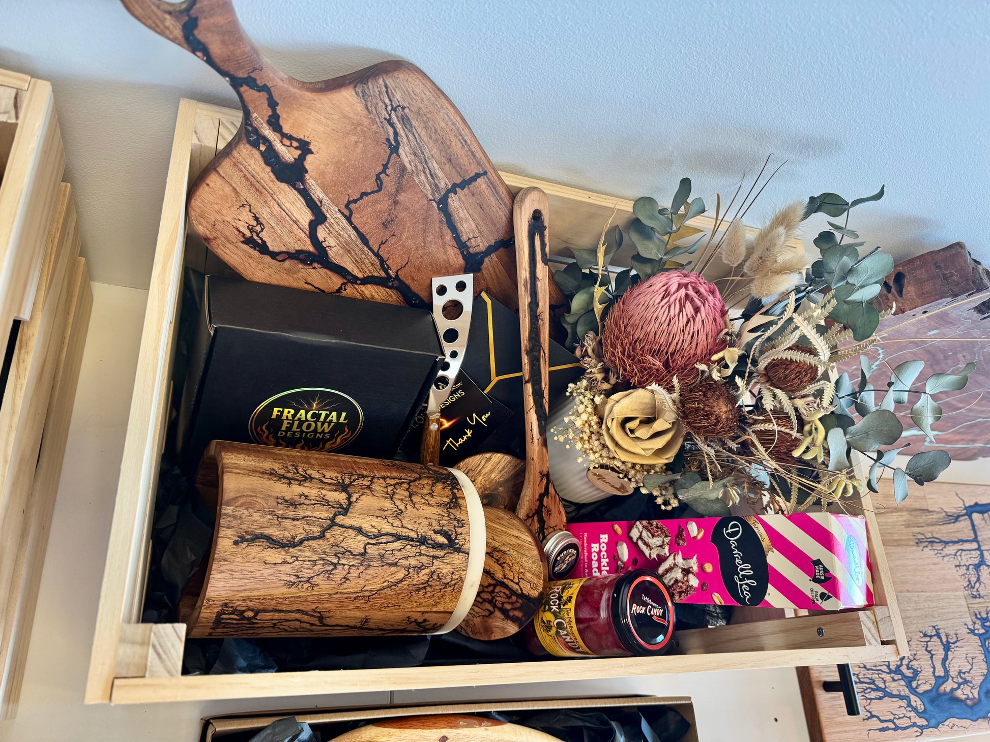 Fractal Flow Designs artisan premium gift box – handcrafted resin serving board, Australian timber platter, luxury entertaining and gifting piece.