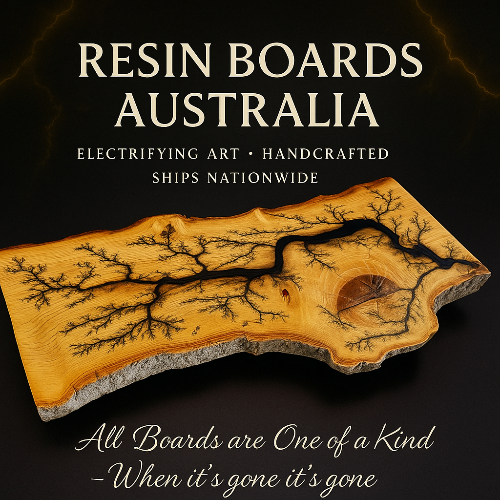 Resin Boards Australia hero banner with live edge fractal burned resin board premium electric gold lightning background handcrafted in East Gippsland
