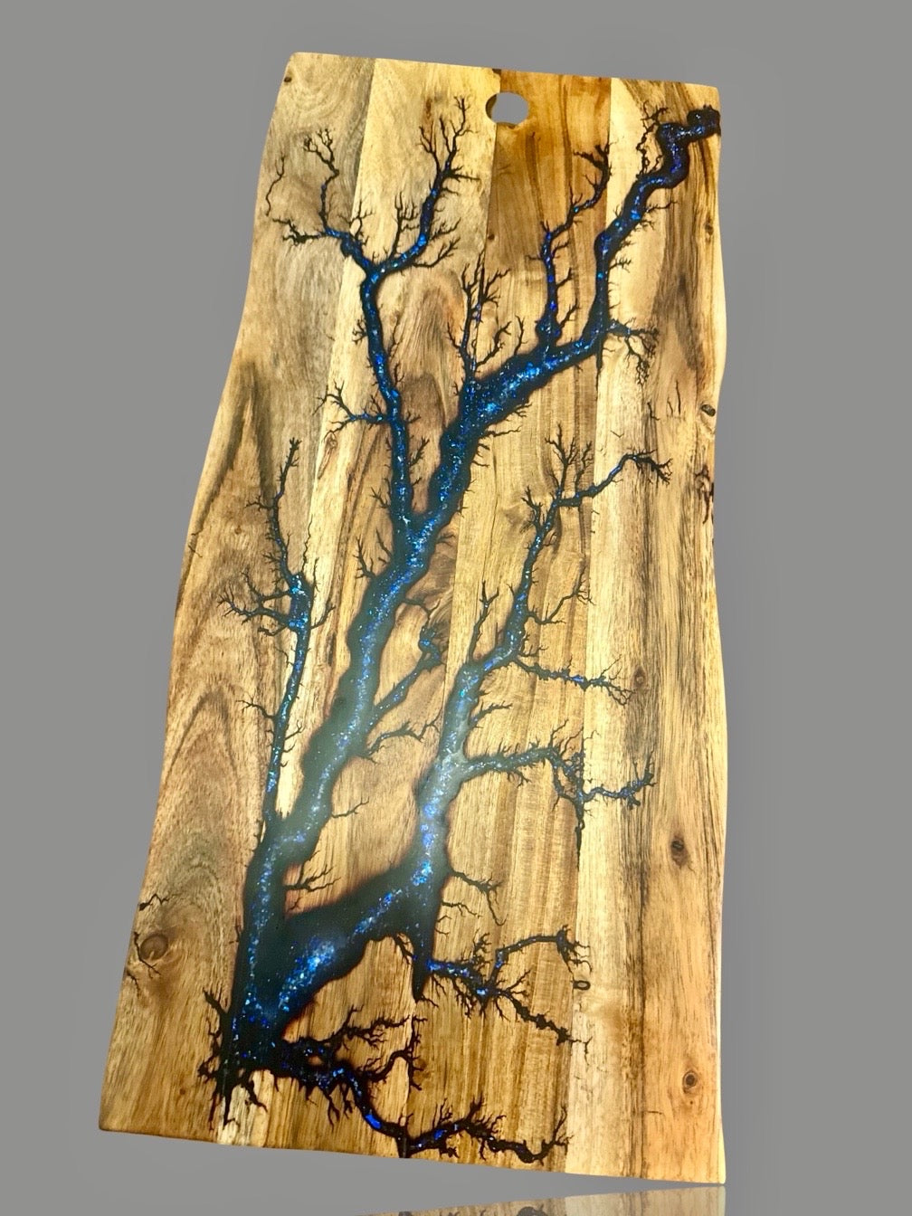 Artisan live edge timber and electric blue sparkle resin board with electric fractal burn accents, Resin Boards Australia
