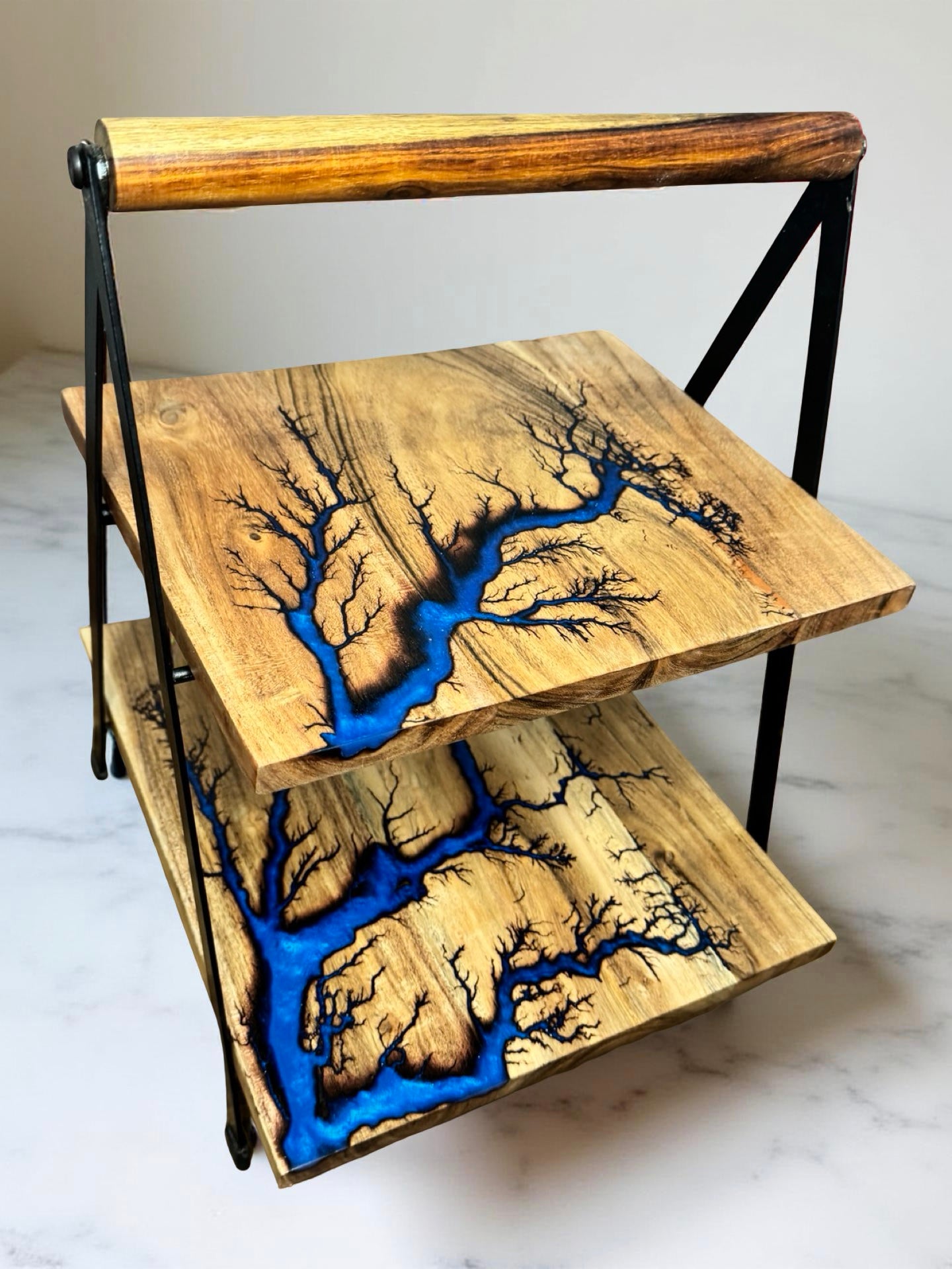 Sapphire blue resin cake stand handcrafted timber East Gippsland Australia Fractal Flow Designs