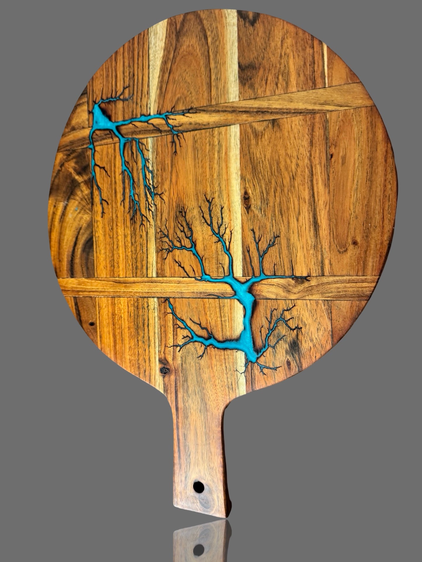 Resin cheese and charcuterie board by Fractal Flow Designs. Unique fractal-burn pattern, food-safe resin, and Australian hardwood construction. Ships Australia-wide.