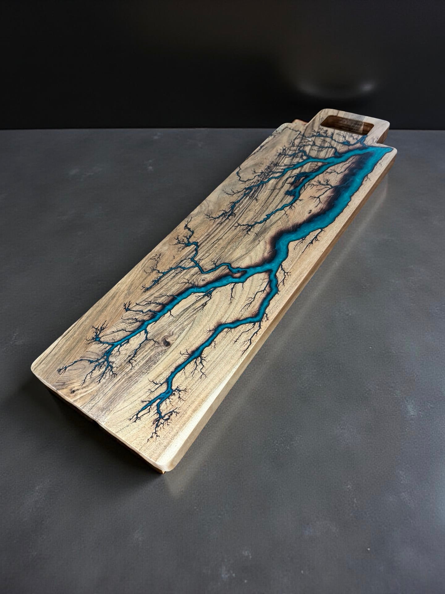 Handcrafted teal resin grazing board with premium artisan fractal burning detail Australia