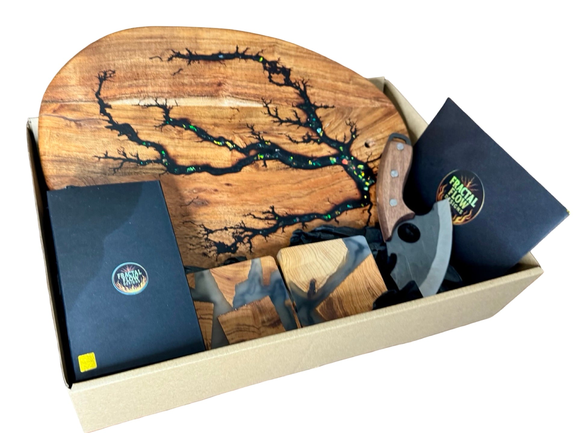 Fractal burnt resin cheese board boxed gift set from Fractal Flow Designs Australia