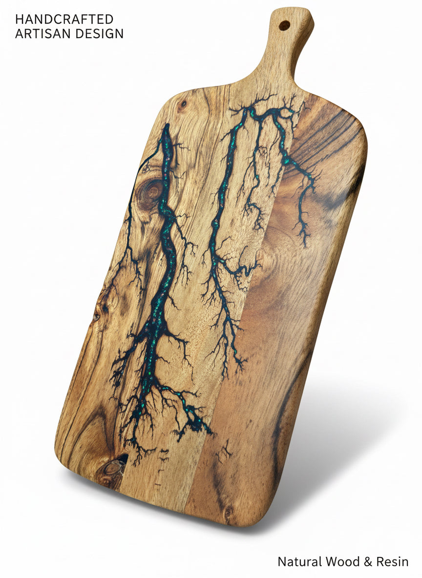 Handmade glitter resin cheese board paddle with fractal burn design, premium serving board gift from Victoria Australia