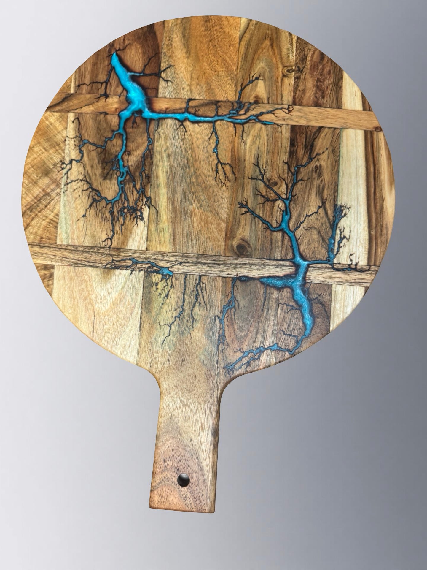 Round acacia cheese paddle lagoon blue resin art luxury serving board east gippsland