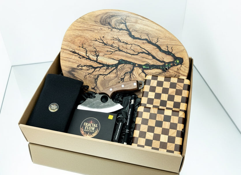 Resin cheese board and coasters gift set from East Gippsland artisan brand Fractal Flow Designs