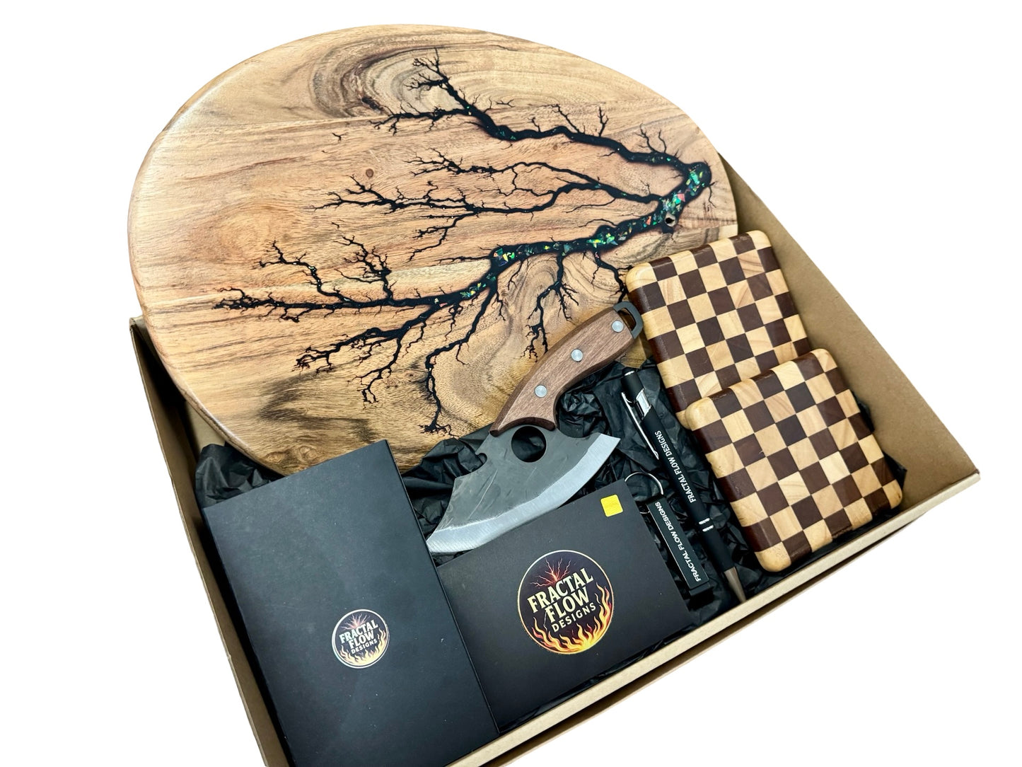 Fractal burnt resin serving board and cheese knife boxed gift set handmade in Australia