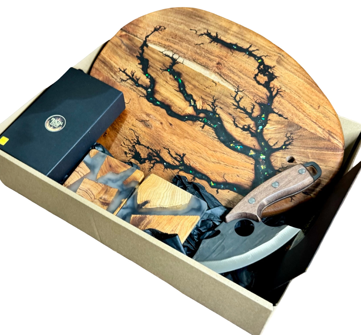 Artisan cheese board gift box with resin timber board coasters and care kit