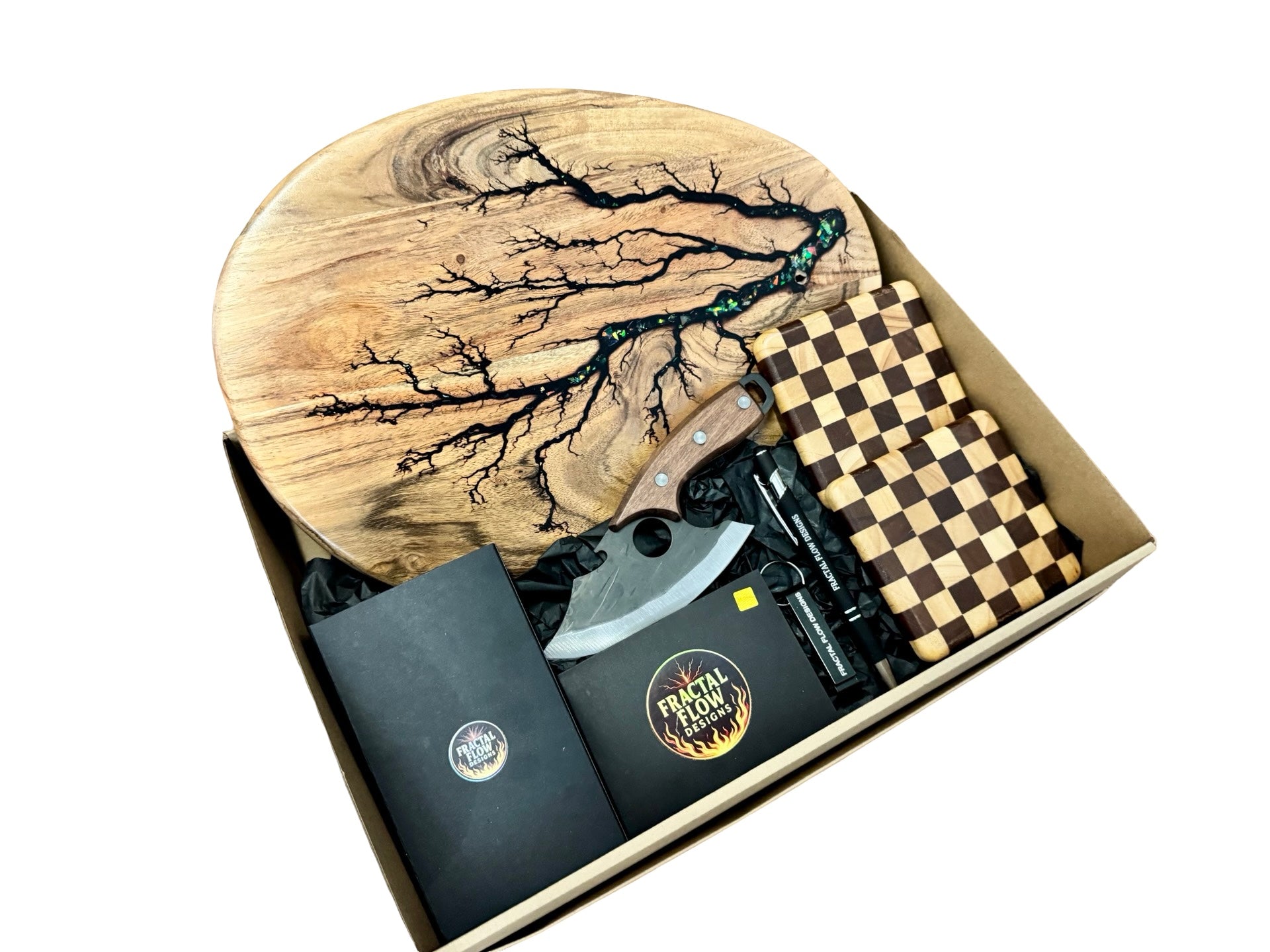 Australian made cheese board gift box with resin art board and forged steel knife by Fractal Flow Designs