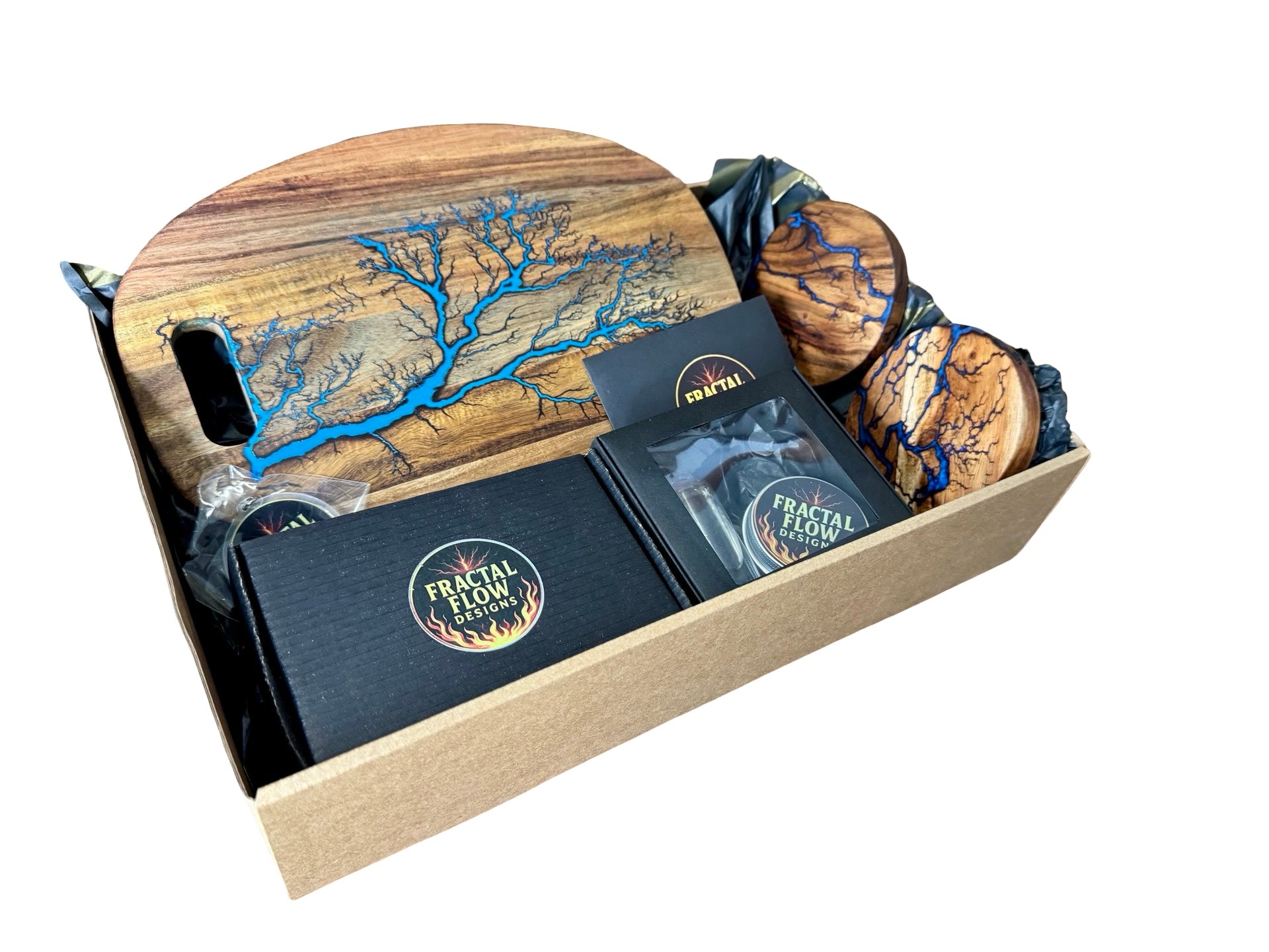 Blue resin cheese board gift box with fractal burnt timber art Australian made