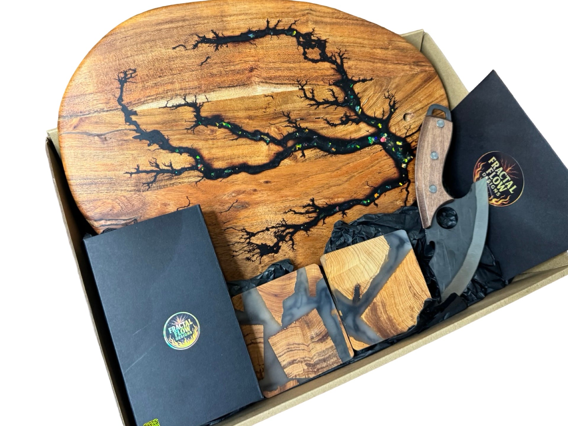 Cheese serving gift set with resin board and forged knife handcrafted in East Gippsland