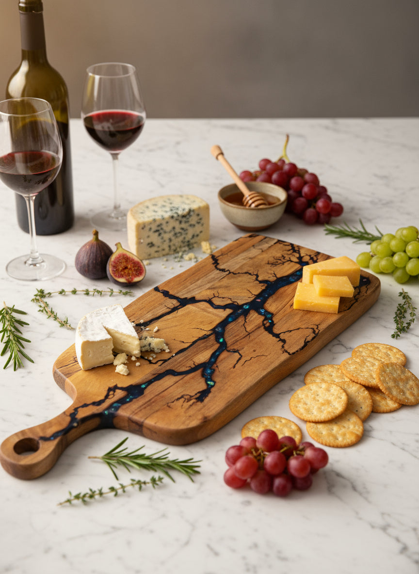Luxury resin cheese paddle board, handcrafted from Australian timber. Fractal Flow Designs creates artisan serving boards perfect for charcuterie spreads.