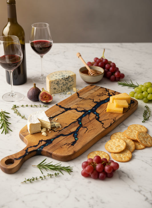Luxury resin cheese paddle board, handcrafted from Australian timber. Fractal Flow Designs creates artisan serving boards perfect for charcuterie spreads.
