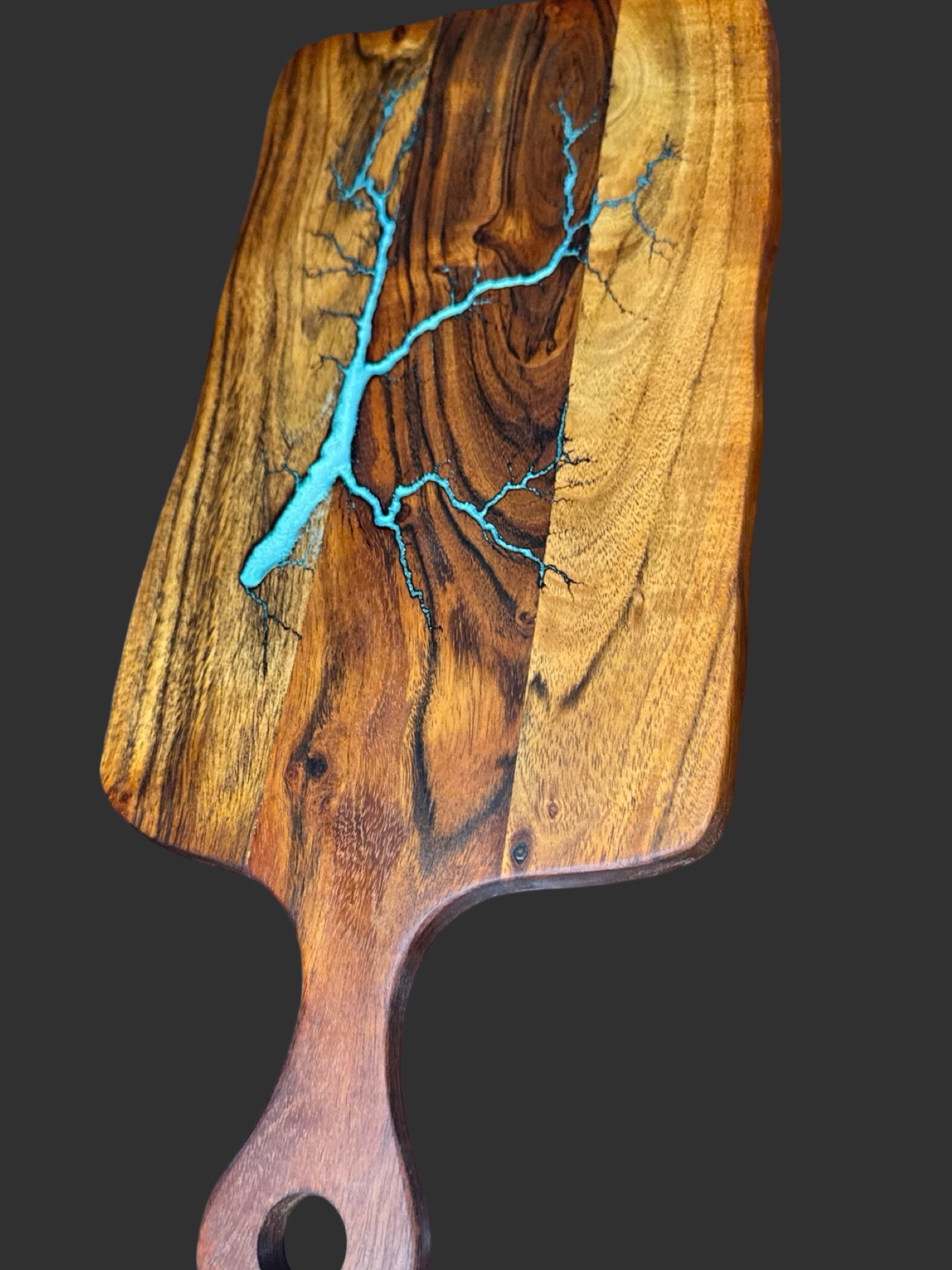 Cheese paddle serving board handmade in Bairnsdale, Victoria by Fractal Flow Designs. Resin artistry transforms timber into a luxury platter gift shipped nationwide.