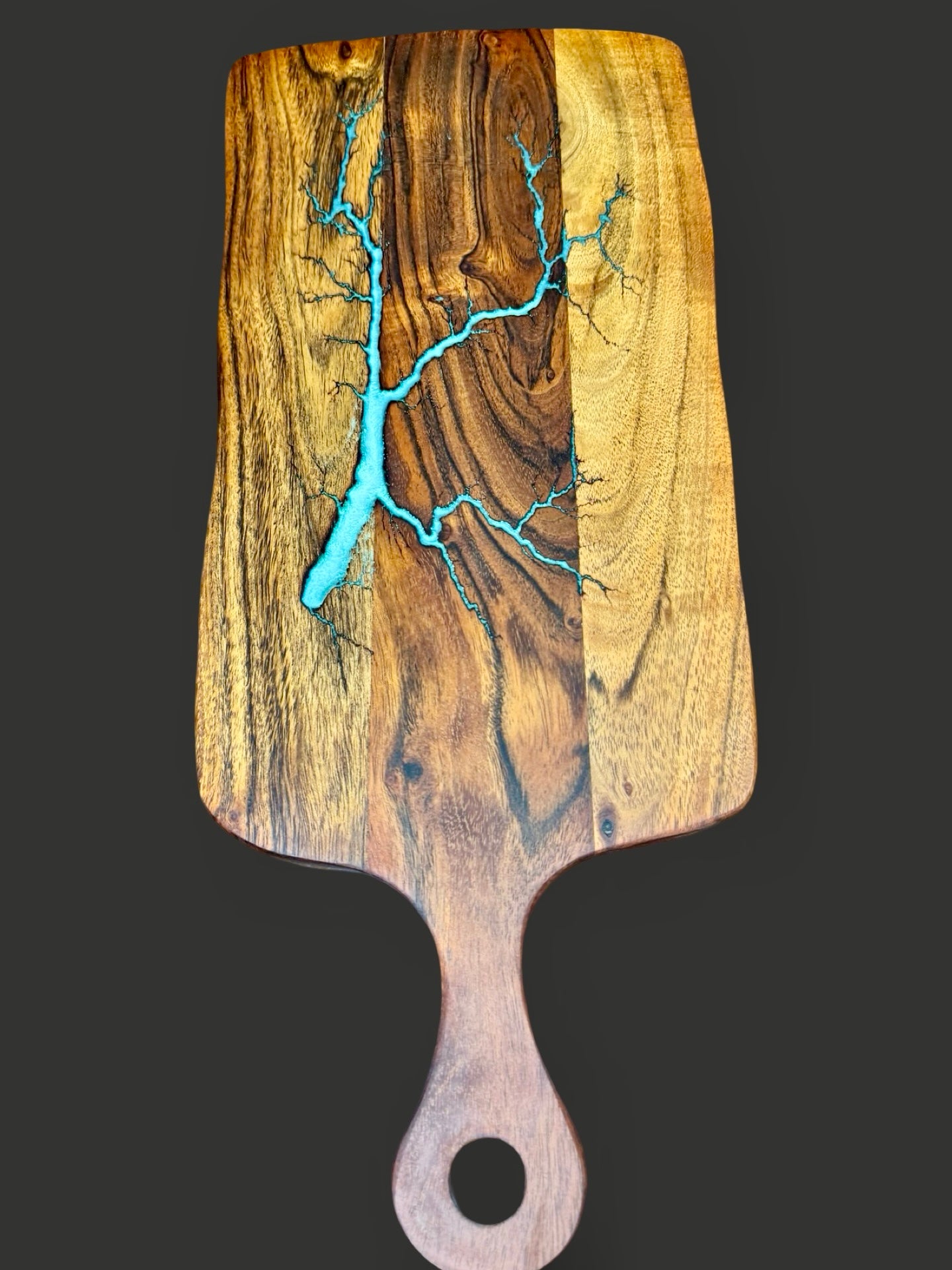Fractal Flow Designs resin paddle serving board for cheese and charcuterie. Crafted in Bairnsdale, Victoria, Australian timber, shipped nationwide.