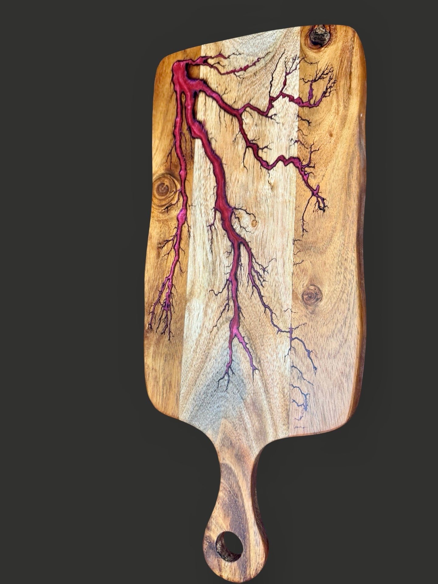 Cheese paddle board with resin inlay and fractal burning detail. Australian-made by Fractal Flow Designs, perfect for grazing platters and housewarming gifts.