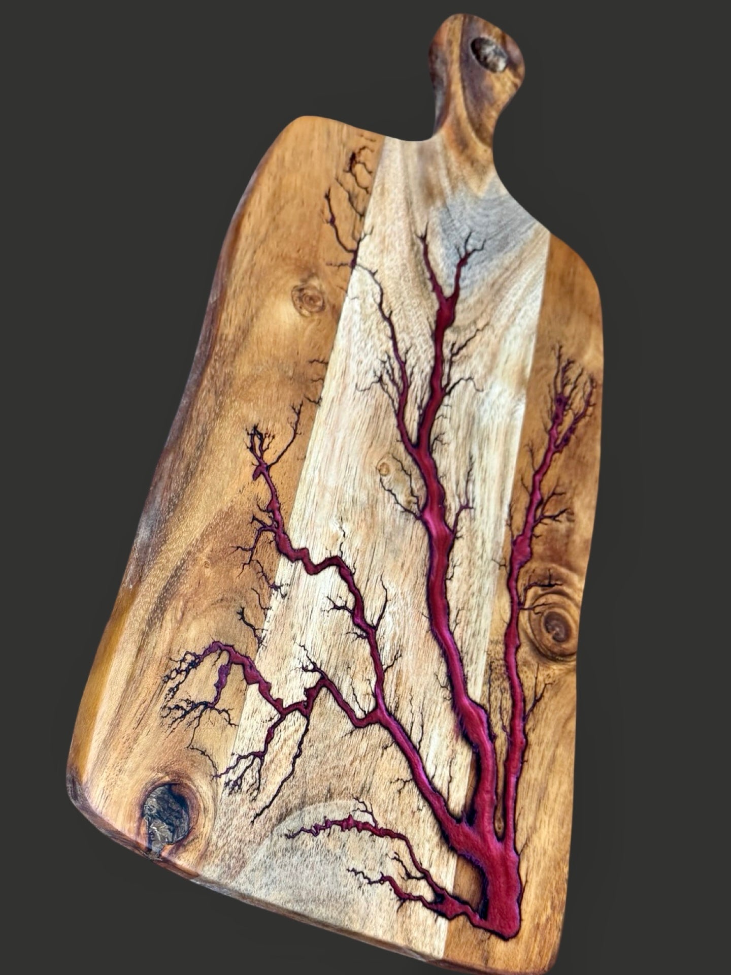 Fractal Flow Designs resin cheese paddle with artisanal resin art. Crafted from Australian timber in Victoria, shipped nationwide for weddings, birthdays, and luxury gifts.