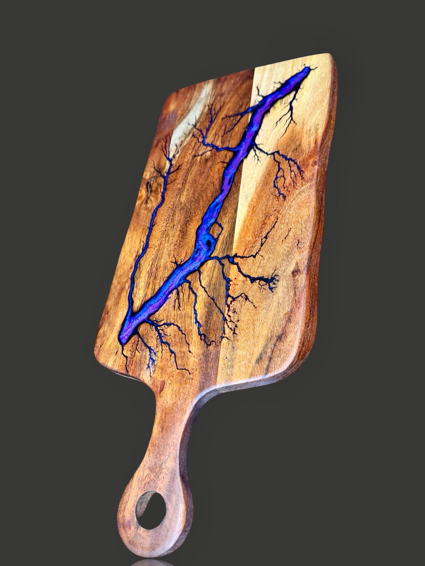 Resin cheese paddle serving board with artisanal fractal design, handmade in Victoria, Australia. Fractal Flow Designs creates premium boards perfect for gifting and entertaining.